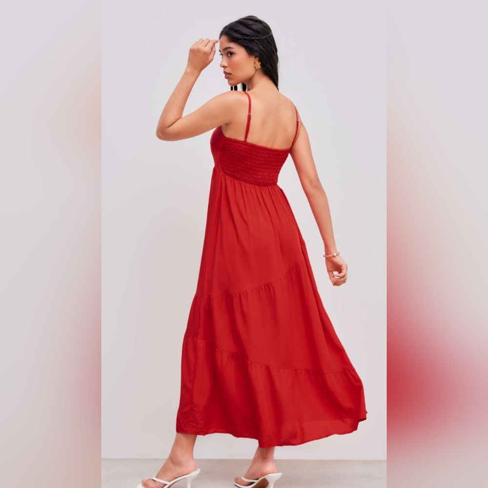 Square Neck Tiered Solid Maxi Dress, CIDER, Large